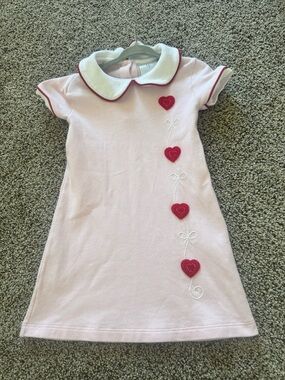 Little English Pink Dress with Red Heart Appliqués